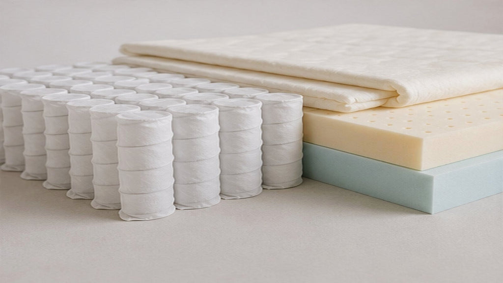 Cool-toned bedroom featuring a contouring foam mattress and breathable bedding