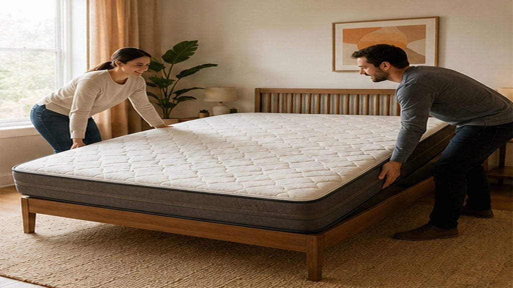 Online mattress shopper comparing product documents at a home desk