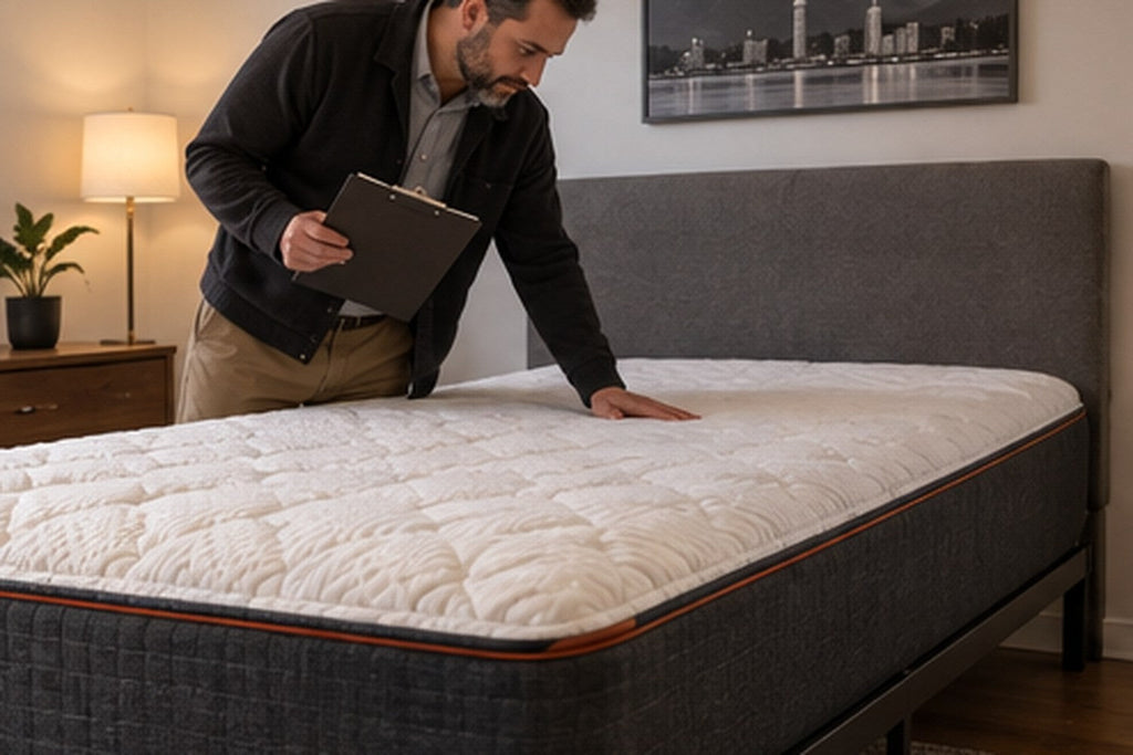 Rental property owner inspecting the surface and edge of a mattress in a furnished bedroom