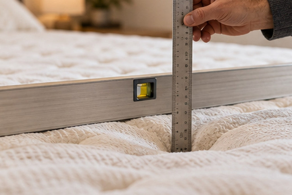 Rigid straightedge spanning a mattress impression while a ruler measures the vertical depth