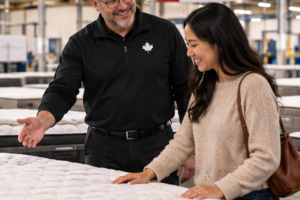 Customer discussing mattress construction with staff at a factory showroom