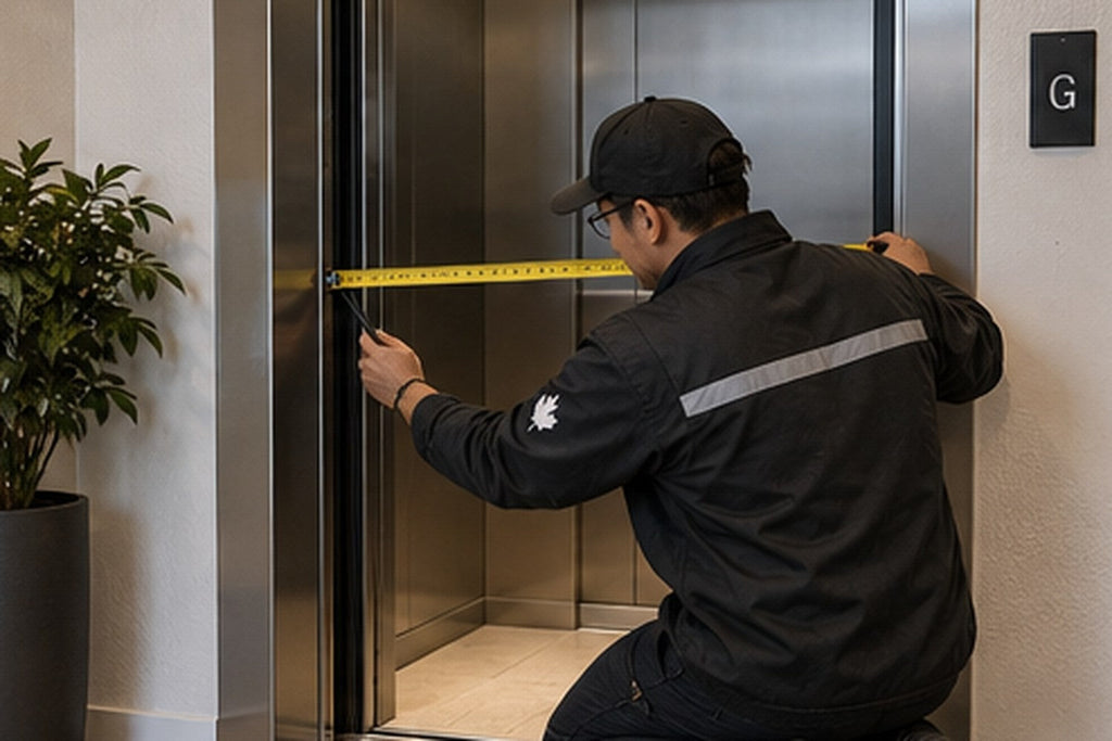 Condo resident measuring the inside of an elevator before a mattress delivery