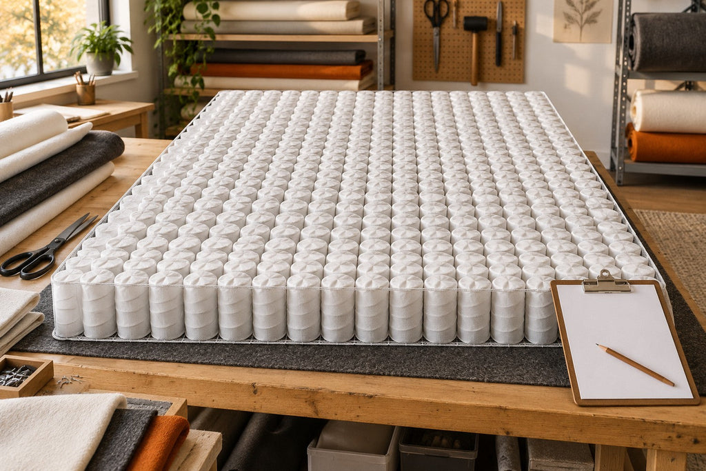 Rows of individually wrapped pocket springs arranged on a workshop table.
