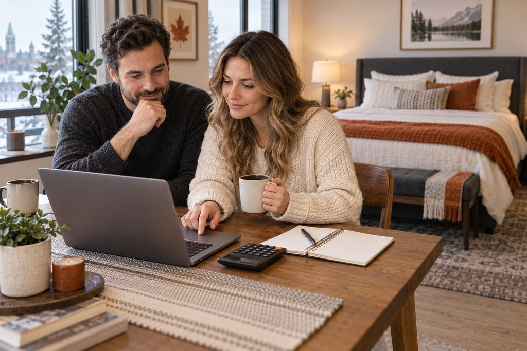 Couple reviewing mattress prices and construction notes with a calculator at a table beside a bedroom