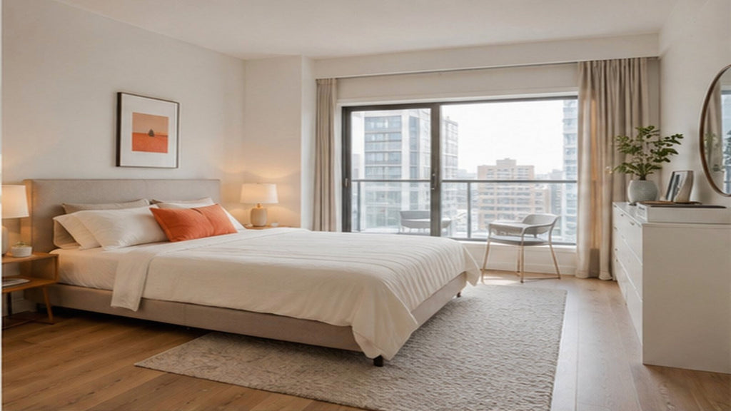 Comfort-layer samples arranged from plush to firm beside a modern bed