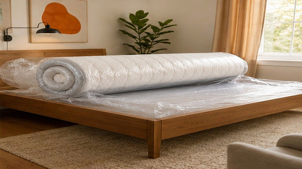 Four Canadian mattress sizes represented in proportion inside different bedroom layouts