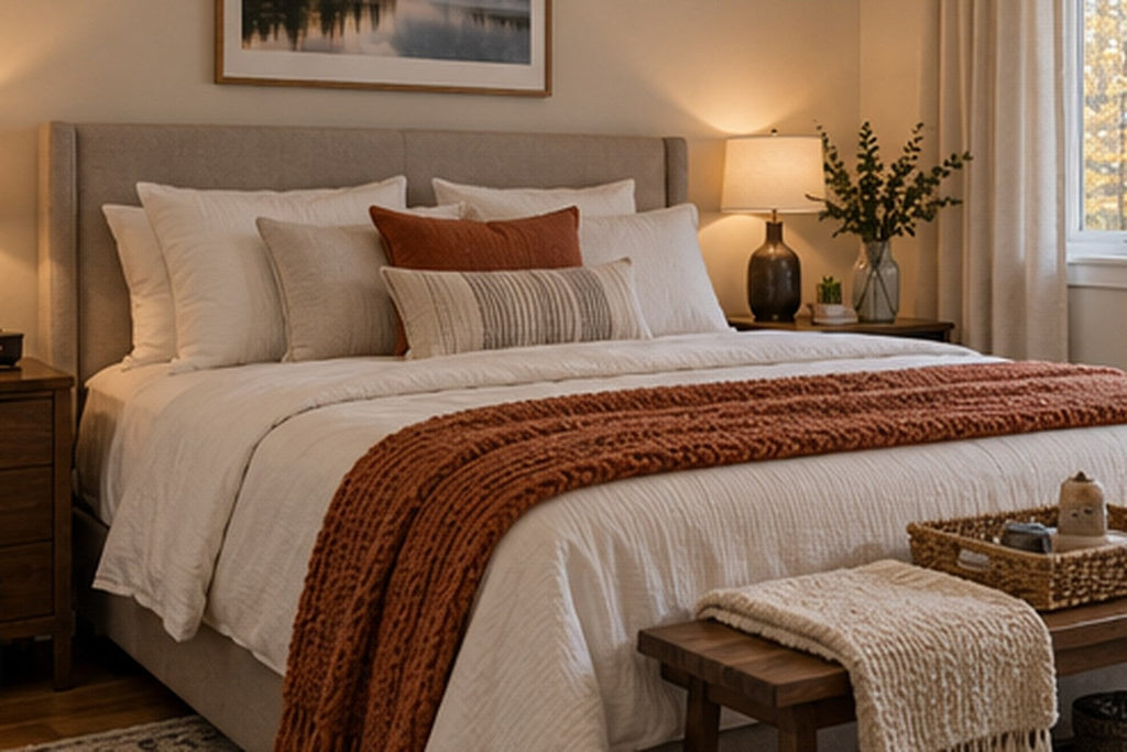 Bright neutral guest bedroom with a neatly made white queen mattress, clear walking space and simple layered bedding