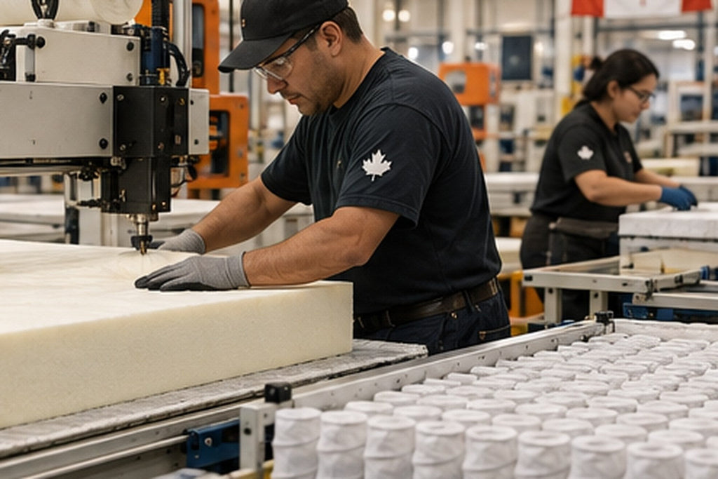 Illustration of a worker operating equipment beside foam components and a pocket-coil unit in a Canadian mattress production setting