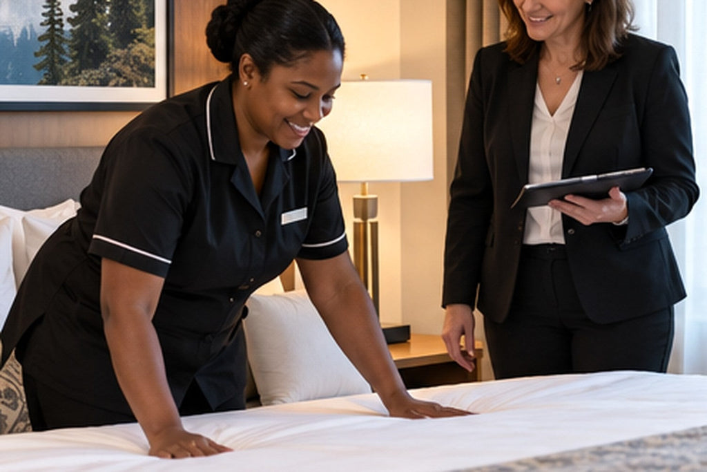 Hotel manager and housekeeper evaluating a guest-room mattress