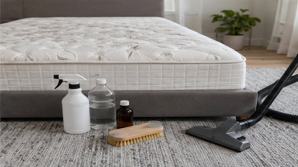 Simple mattress-cleaning kit with white cloth, soft brush and vacuum tool