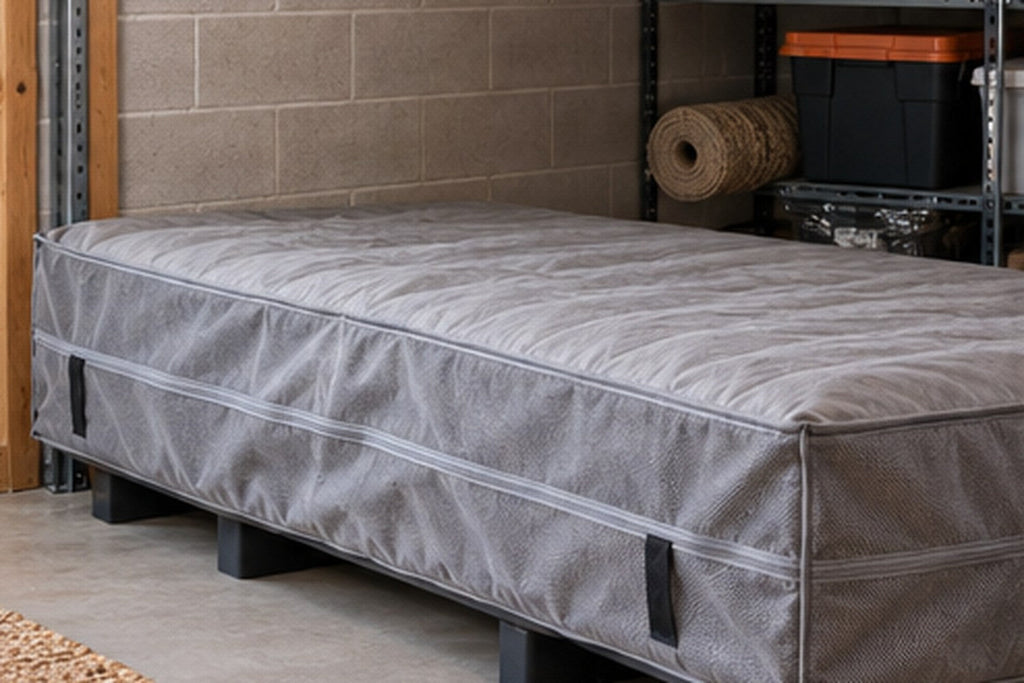 Mattress stored flat on a raised, full-support platform inside a clean covered storage area