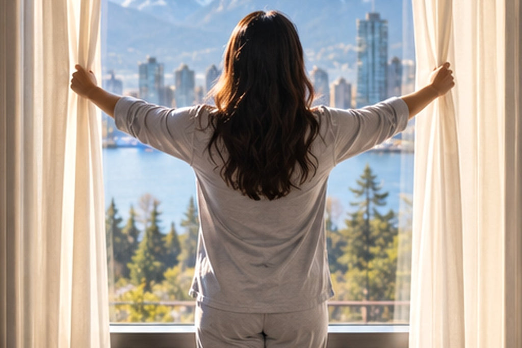 Rested sleeper opening bedroom curtains at the start of the day