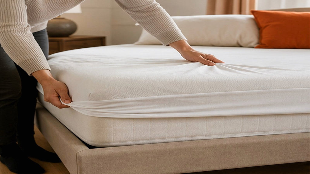 Close inspection of a mattress seam and bed frame in a bright bedroom