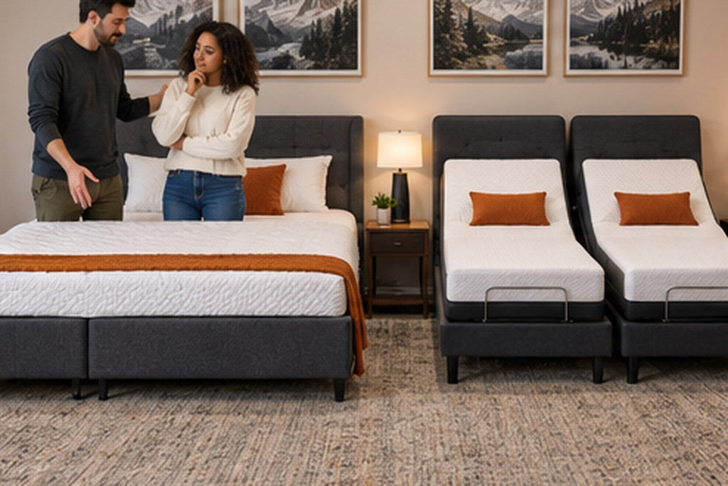 Standard king mattress beside two twin XL mattresses forming a split king bed