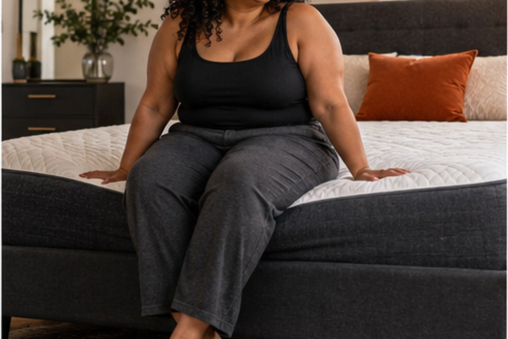 Adult sitting on the edge of a mattress with both hands resting beside their hips.