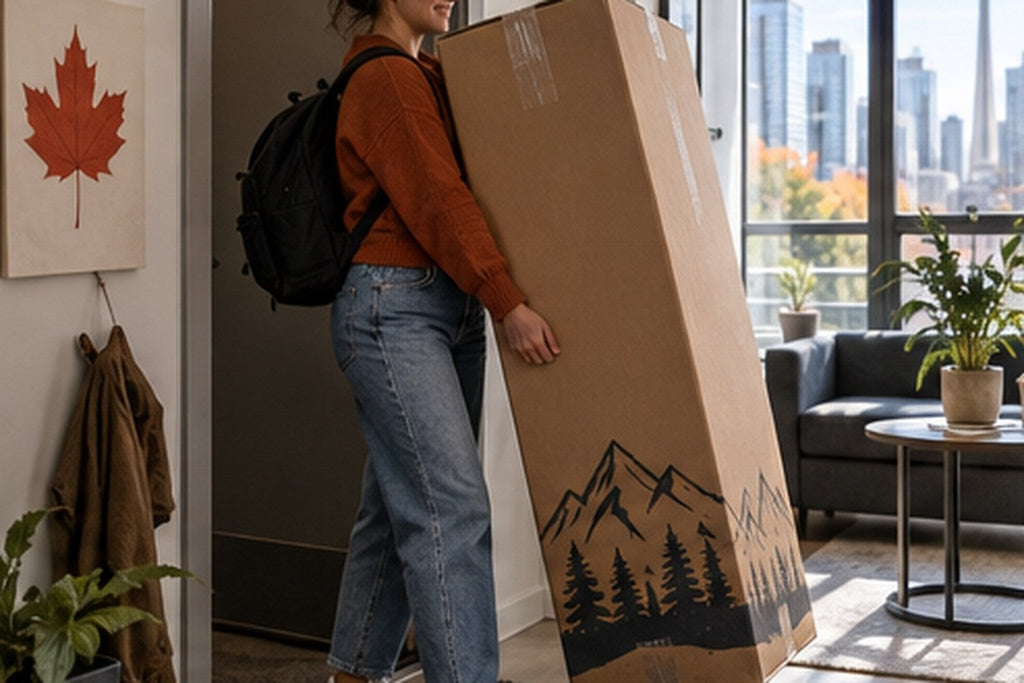 University student carrying a boxed mattress through the doorway of a compact apartment