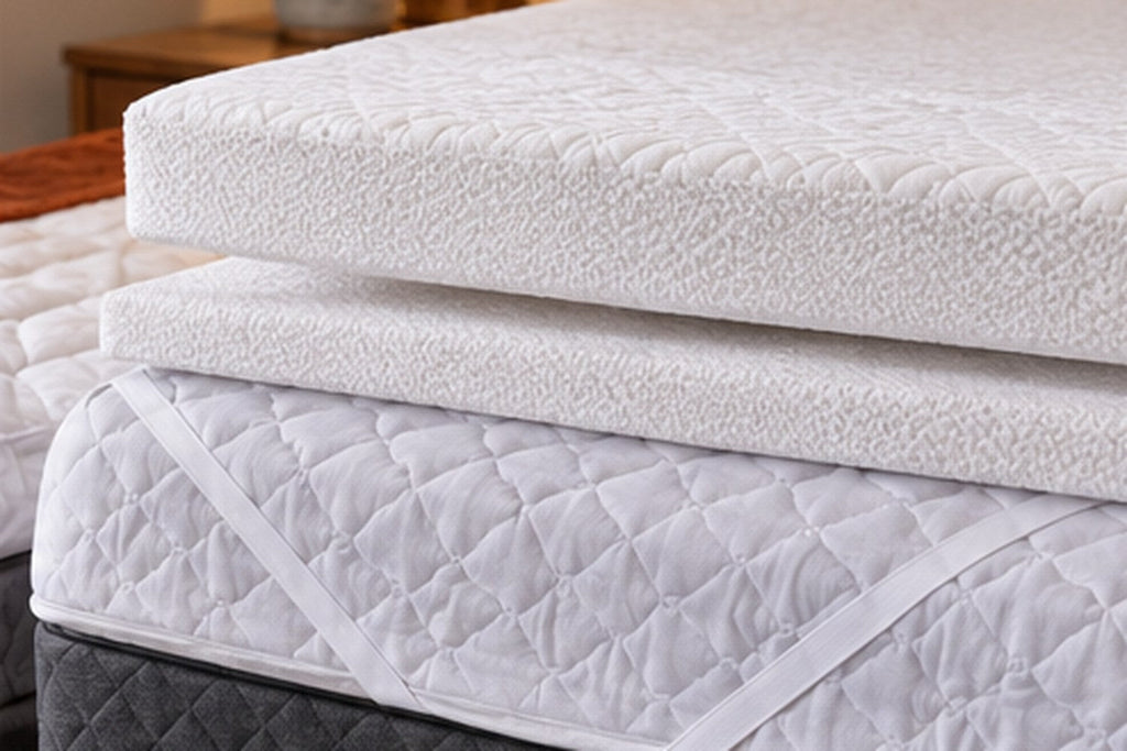 Mattress protector, quilted pad and thick topper displayed as three separate bedding layers