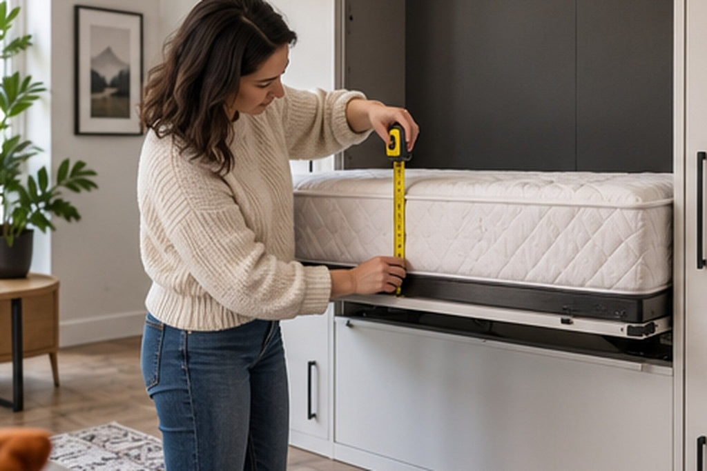 Open Murphy bed with a tape measure showing mattress thickness from the deck to the top surface
