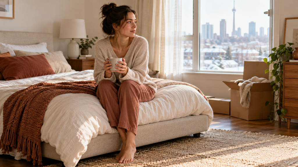 Woman sitting on the edge of a newly made bed and considering its feel.