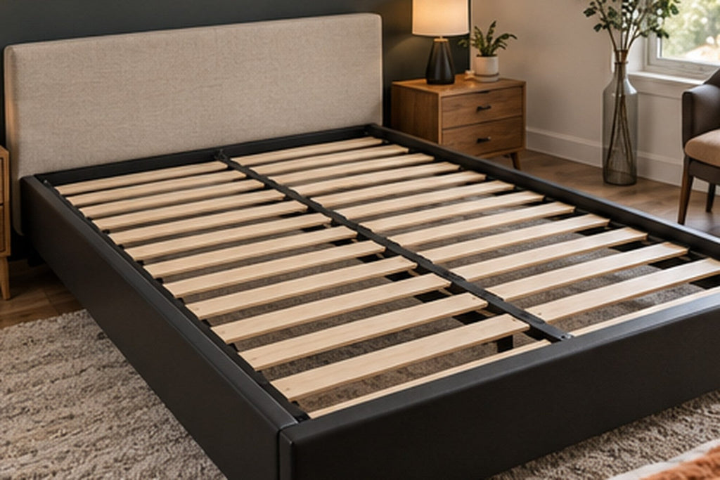 Platform bed frame with the mattress removed to reveal closely spaced slats and centre support