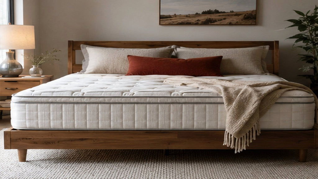 Side view of a mattress showing a visible body impression on a wooden platform bed