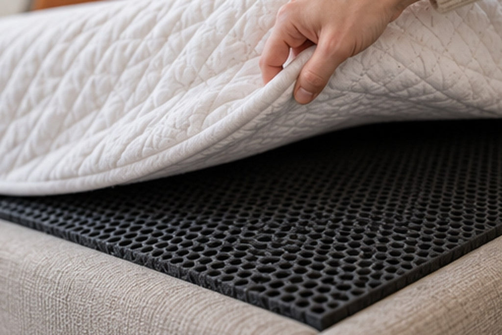 Textured non-slip mat positioned between the underside of a mattress and a platform bed base