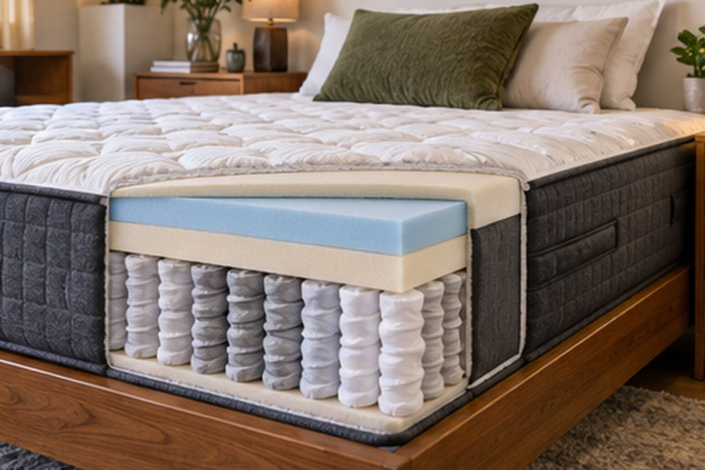 Hybrid mattress cutaway showing comfort layers above a pocket-coil core