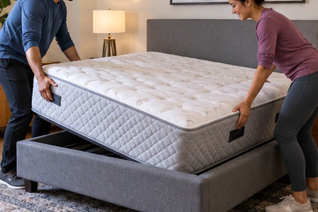 Two people rotating a mattress from head to foot for more even wear
