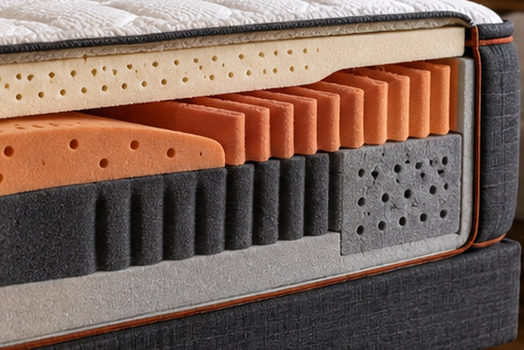 Mattress cutaway showing differently shaped orange and grey foam sections beneath perforated comfort layers.