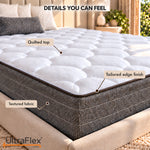 Close-up of the UltraFlex® GLORY mattress showing its quilted top, tailored edge finish and textured grey side fabric.