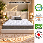 UltraFlex® GLORY mattress in a bedroom beside foam certification logos and a Made in Canada badge.