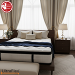Front view of the UltraFlex TruFirm mattress with navy bedding and bedside lamps.
