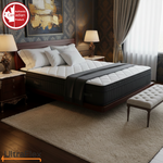 UltraFlex Opulence mattress with a white quilted top and vertically stitched dark sides in a bedroom.