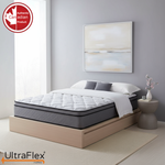 UltraFlex Titan Firm mattress on a light wooden platform bed in a grey bedroom.