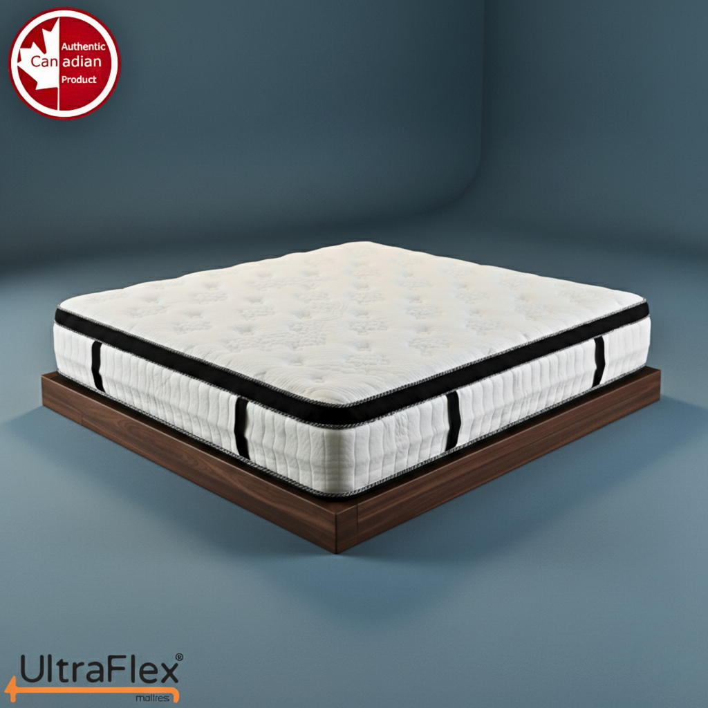 Mattress on a wooden frame with UltraFlex branding against a blue background