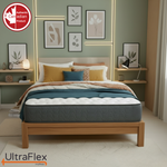 Front view of the UltraFlex Hercules mattress and wooden bed frame.
