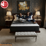 Two people relaxing on an UltraFlex Opulence mattress in a dark-toned bedroom.