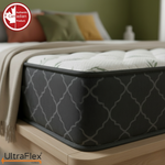 Close-up of the UltraFlex Summit mattress corner and dark geometric side fabric.