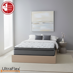 Front view of the UltraFlex Titan Firm mattress and wooden platform bed.