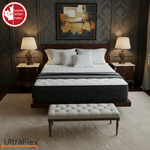 Front view of the UltraFlex Opulence mattress with a padded bench at the foot of the bed.