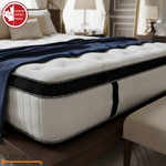 Close-up of the UltraFlex TruFirm mattress corner, white side panels and black trim.