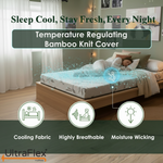Mattress cooling illustration with airflow arrows and bamboo-knit cover features.