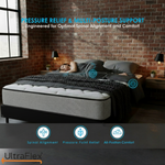Person resting on an UltraFlex DreamWeaver mattress with posture-support highlights.