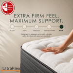 Hand pressing a mattress corner beside a firmness scale marked firm.