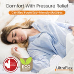 Person sleeping on their side in an UltraFlex foam mattress pressure-relief graphic.
