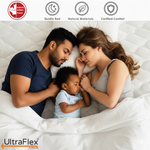 Parents and a child resting together on a mattress beside UltraFlex quality symbols.
