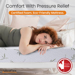 Person resting on a white mattress beside UltraFlex Canadian-made and foam quality badges.