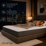 Person sleeping on an UltraFlex Vibe mattress in a night-time bedroom.