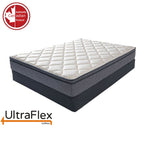 UltraFlex Delight mattress with a square-quilted white top and grey sides on a dark foundation.