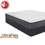 Alternate corner view of the UltraFlex Prestige mattress and dark foundation.
